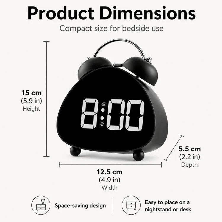 Retro Twin Bell Digital Alarm Clock Super Loud Mechanical Bell-Ringing LED Desk Clock With Backlight(HL-8898 White) - Image 5