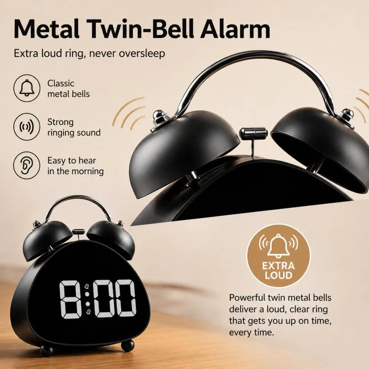 Retro Twin Bell Digital Alarm Clock Super Loud Mechanical Bell-Ringing LED Desk Clock With Backlight(HL-8898 White+Purple) - Image 3