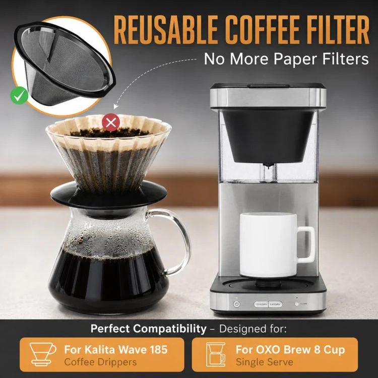 Reusable Coffee Filter Compatible with Kalita Wave 185 Coffee Drippers and OXO Brew 8-Cup Single Serve - Image 2