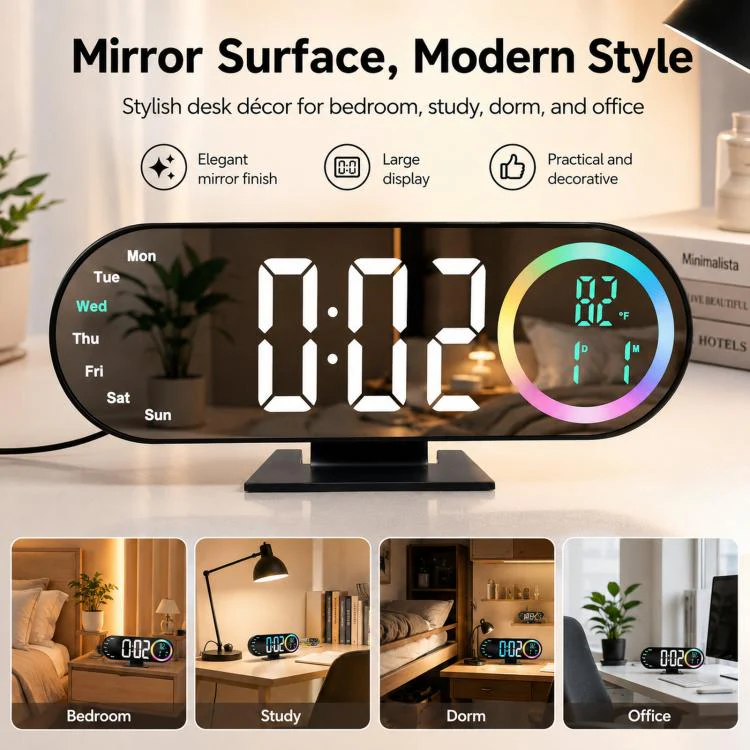 RGB Mirror Digital Alarm Clock With LED Night Light Temperature Week Display(Blue Light) - Image 3