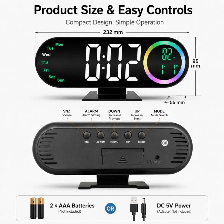 RGB Mirror Digital Alarm Clock With LED Night Light Temperature Week Display(Blue Light) - Image 7