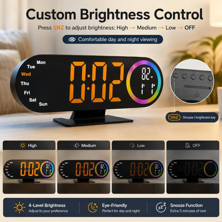 RGB Mirror Digital Alarm Clock With LED Night Light Temperature Week Display(Green Light) - Image 4