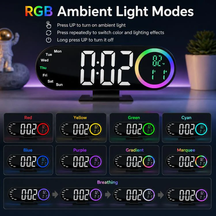 RGB Mirror Digital Alarm Clock With LED Night Light Temperature Week Display(Green Light) - Image 5