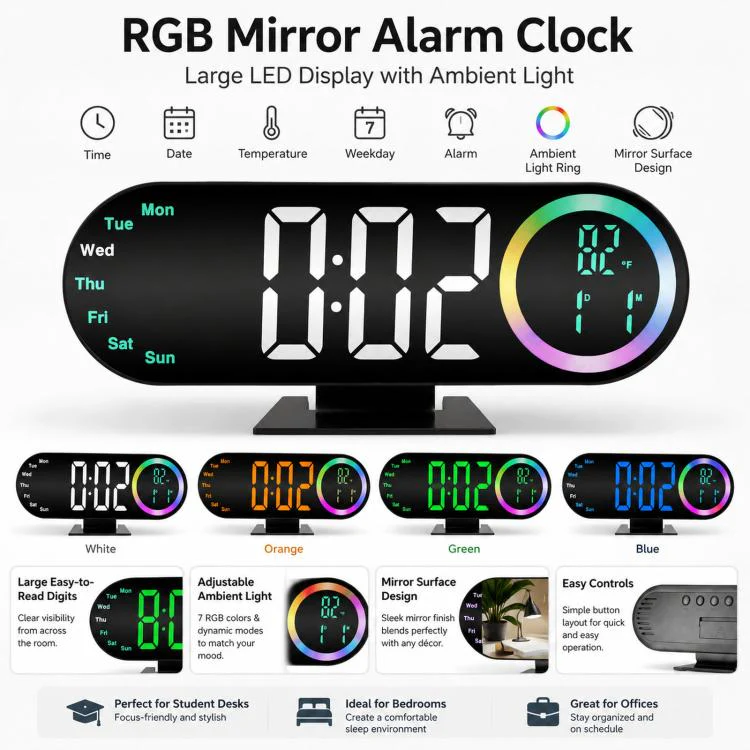 RGB Mirror Digital Alarm Clock With LED Night Light Temperature Week Display(Green Light) - Image 6