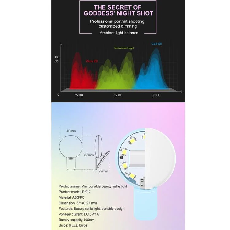 RK17 Mini and Portable Live Show Beauty Artifact 3 Levels of Brightness Warm and White Light Fill Light with 9 LED Light, For iPhone, Galaxy, Huawei, Xiaomi, LG, HTC and Other Smart Phones(Black) - Image 6