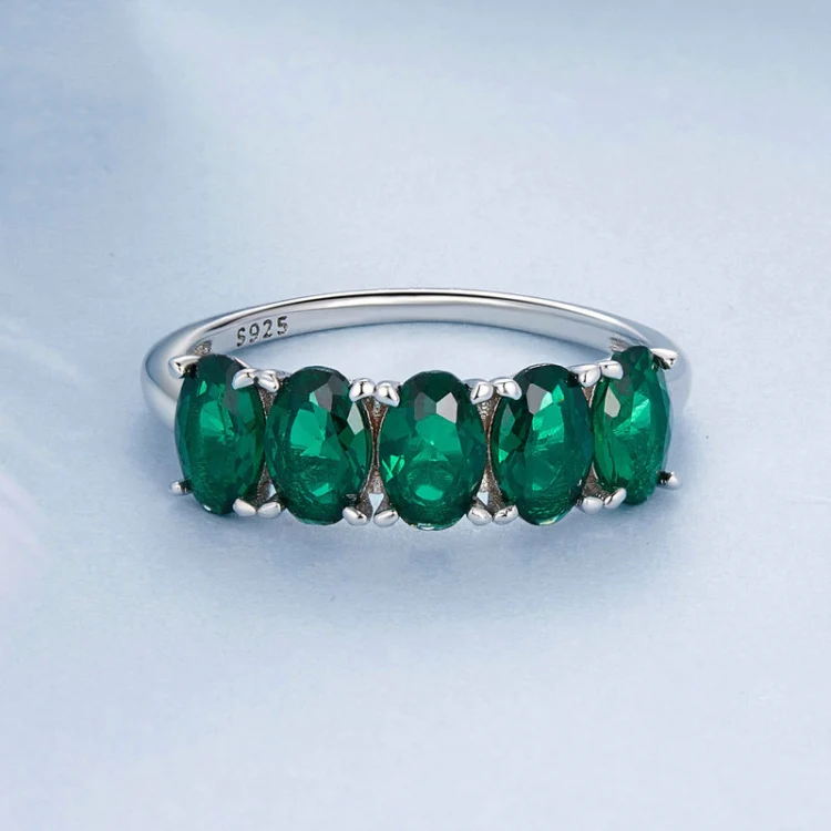 S925 Sterling Silver Luxury Alphabet Green Zirconia Women Ring, Size: No.8(BSR522) - Image 3