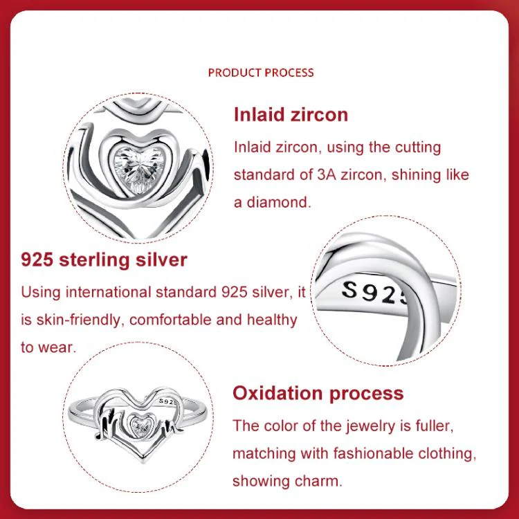 S925 Sterling Silver Mother Day Love Heart Open Adjustable Ring(SCR1114-E) - Image 5