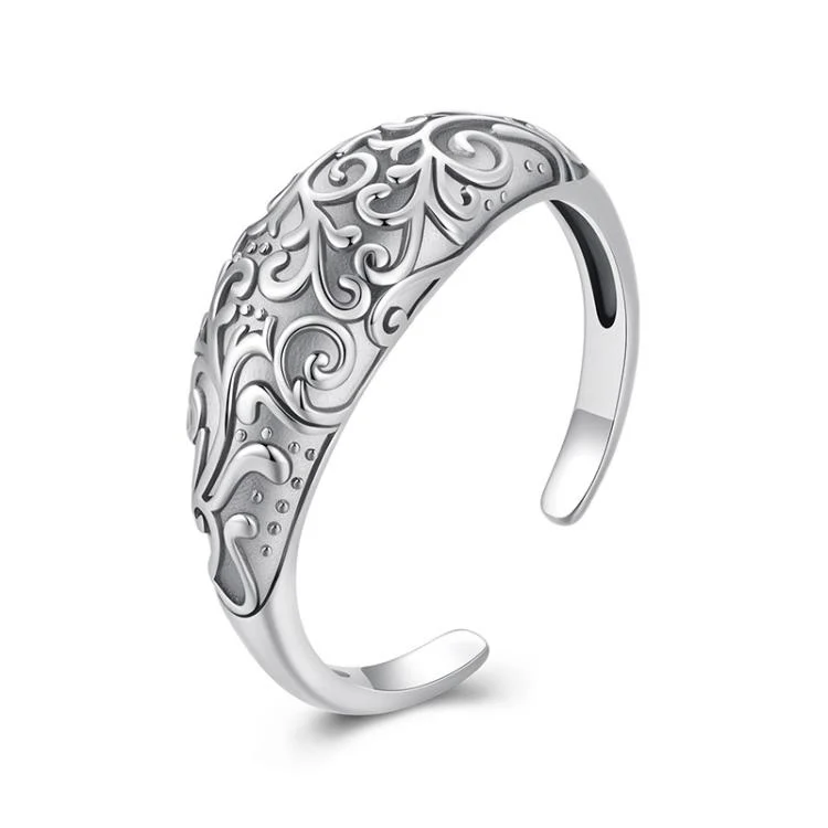 S925 Sterling Silver Oxidized Retro Pattern Open Adjustable Ring(SCR1095-E)