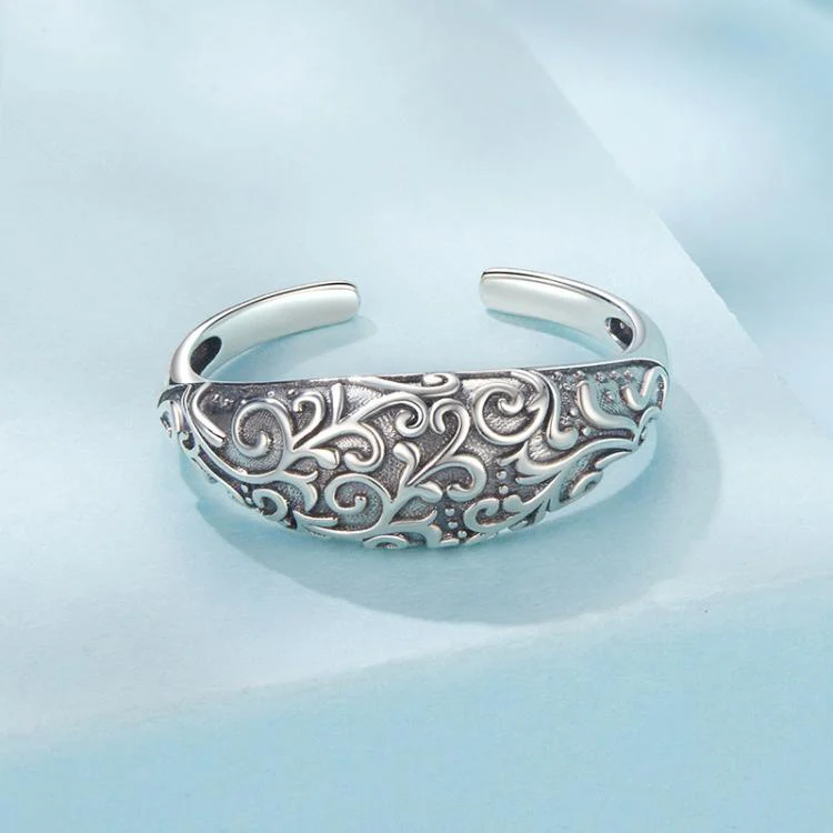 S925 Sterling Silver Oxidized Retro Pattern Open Adjustable Ring(SCR1095-E) - Image 2