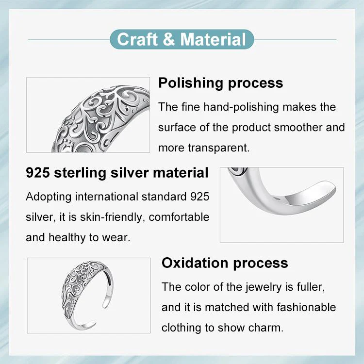 S925 Sterling Silver Oxidized Retro Pattern Open Adjustable Ring(SCR1095-E) - Image 4