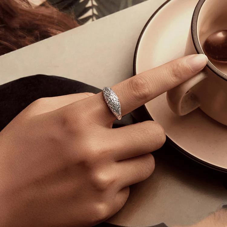 S925 Sterling Silver Oxidized Retro Pattern Open Adjustable Ring(SCR1095-E) - Image 5