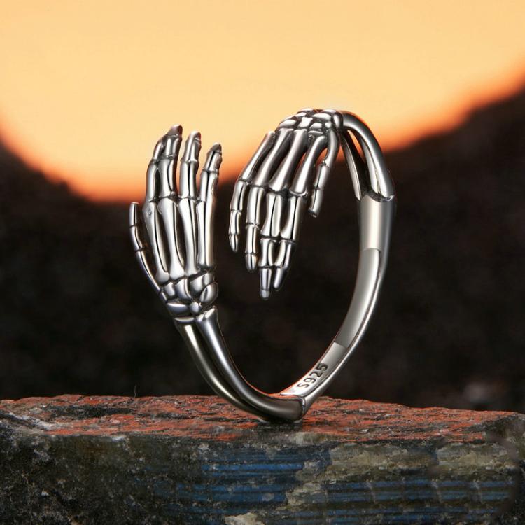 S925 Sterling Silver Oxidized Skeleton Hand Adjustable Open Ring(BSR608-E) - Image 2