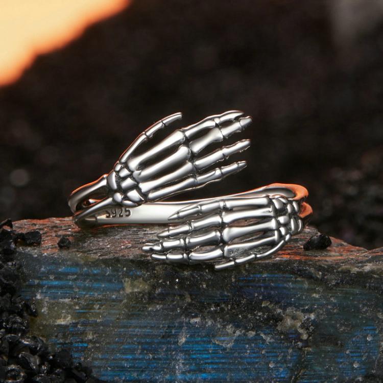 S925 Sterling Silver Oxidized Skeleton Hand Adjustable Open Ring(BSR608-E) - Image 3
