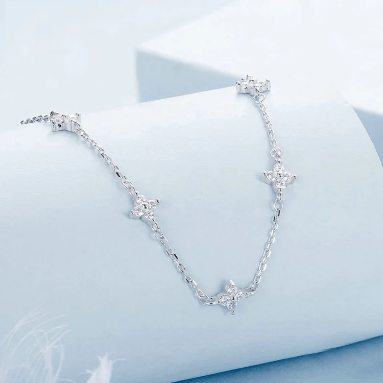 S925 Sterling Silver Platinum-plated Four-leaf Clover Star-shaped Clavicle Necklace(BSN394) - Image 3
