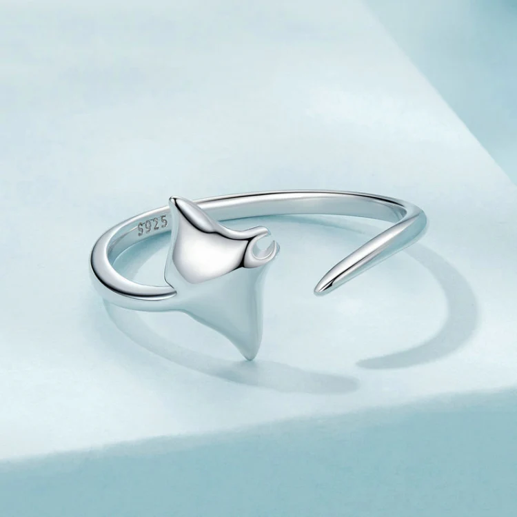S925 Sterling Silver Platinum-Plated Ocean Manta Ray Adjustable Open Ring(SCR1037-E) - Image 2