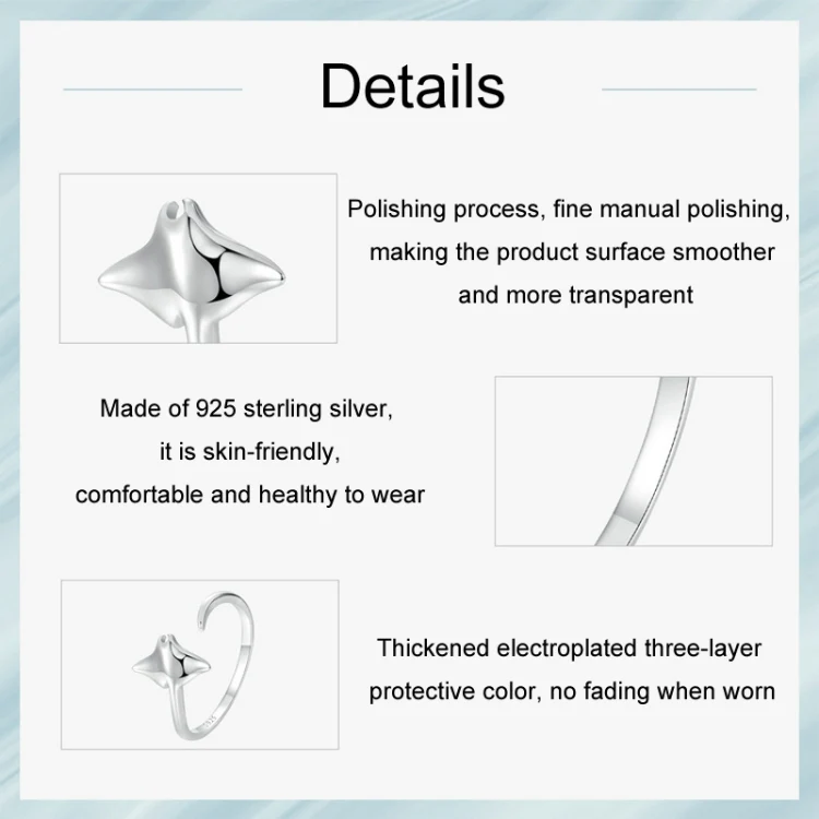 S925 Sterling Silver Platinum-Plated Ocean Manta Ray Adjustable Open Ring(SCR1037-E) - Image 4