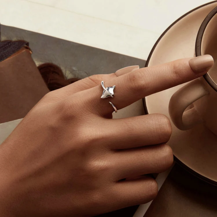 S925 Sterling Silver Platinum-Plated Ocean Manta Ray Adjustable Open Ring(SCR1037-E) - Image 5
