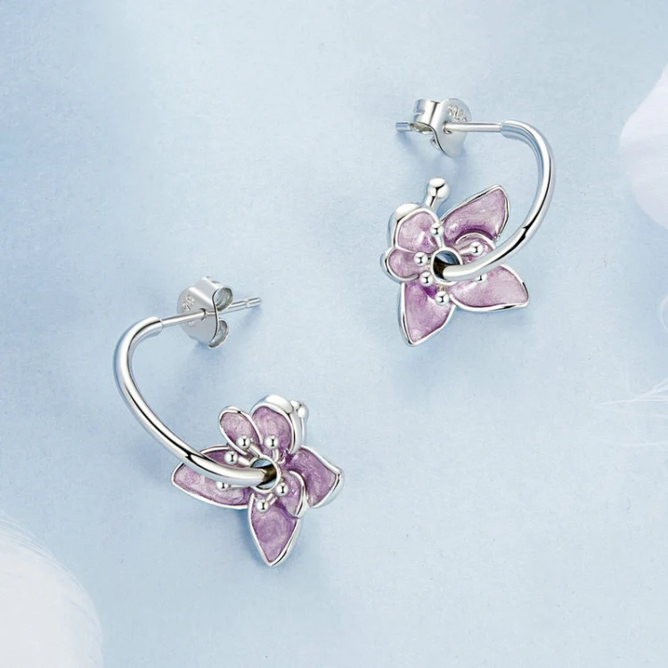 S925 Sterling Silver Platinum Plated Purple Flower Stud Earrings(BSE976) - Image 3