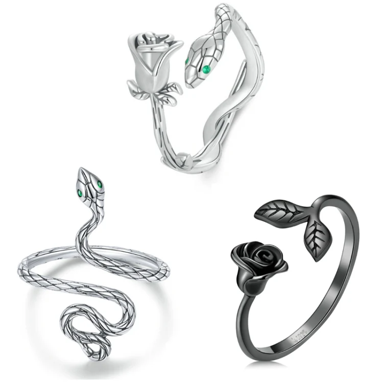 S925 Sterling Silver Platinum-plated Snake Rose Open Ring, Model: BSR199 - Image 2