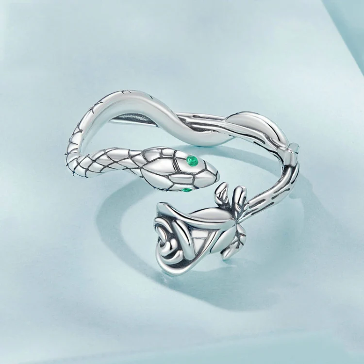 S925 Sterling Silver Platinum-plated Snake Rose Open Ring, Model: BSR199 - Image 3