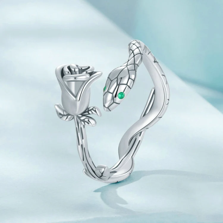 S925 Sterling Silver Platinum-plated Snake Rose Open Ring, Model: BSR199 - Image 4