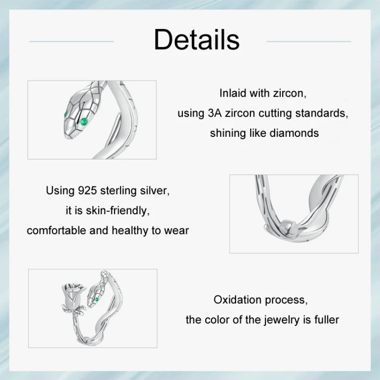 S925 Sterling Silver Platinum-plated Snake Rose Open Ring, Model: BSR199 - Image 5