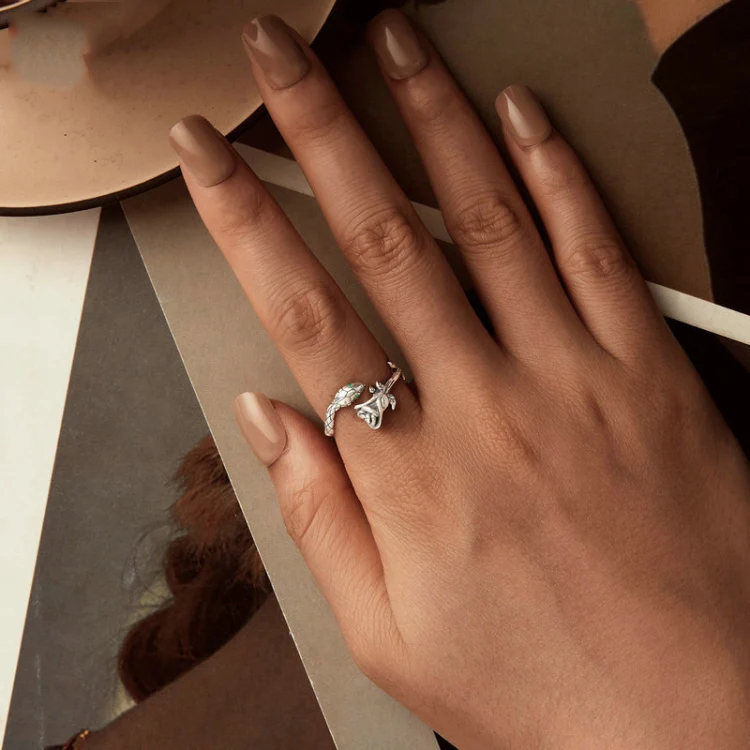 S925 Sterling Silver Platinum-plated Snake Rose Open Ring, Model: BSR199 - Image 6