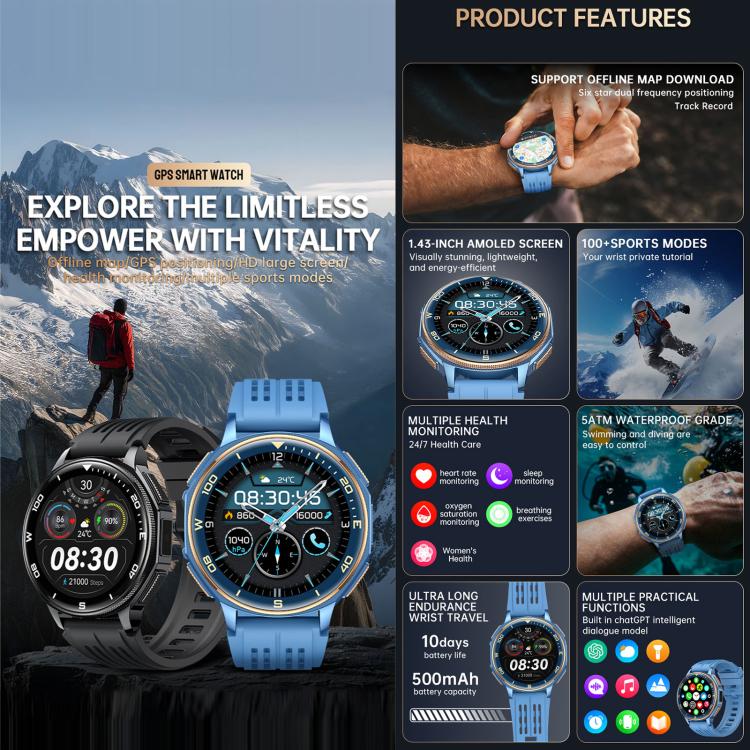 S99 1.43 inch GPS Sports Smart Watch, Support Bluetooth Call / Heart Rate / Blood Oxygen / Sleep Monitoring(Blue) - Image 5