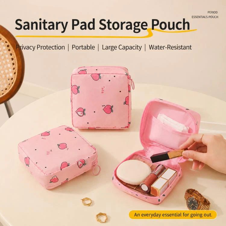 Sanitary Pad Storage Bag Portable Menstrual Cup Pouch Waterproof Period First Period Bags With Zipper(Pink Peach) - Image 3