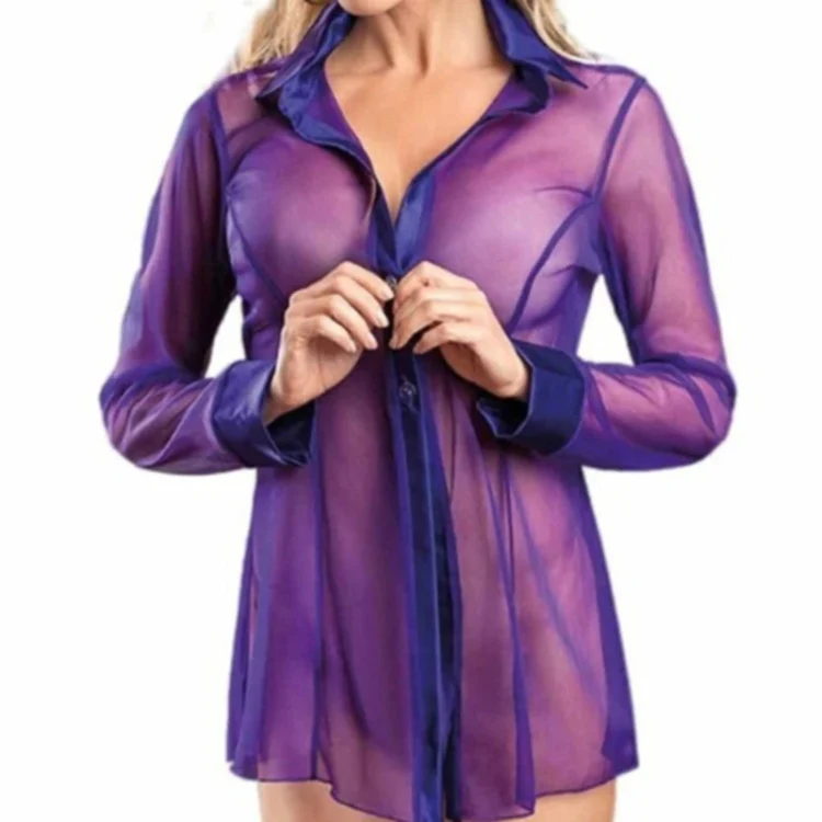 See-through Mesh Cardigan Shirt Pajamas Sexy Underwear For Women, Size: M(Purple)
