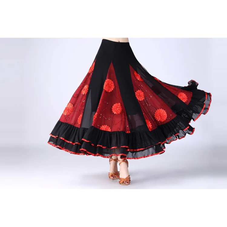Sequin Flower Swing Modern Dance Skirt (Color:Red Size:Free Size) - Image 2