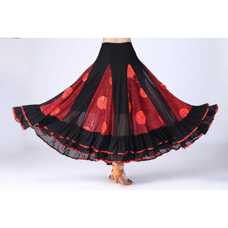 Sequin Flower Swing Modern Dance Skirt (Color:Rose Red Size:Free Size) - Image 3