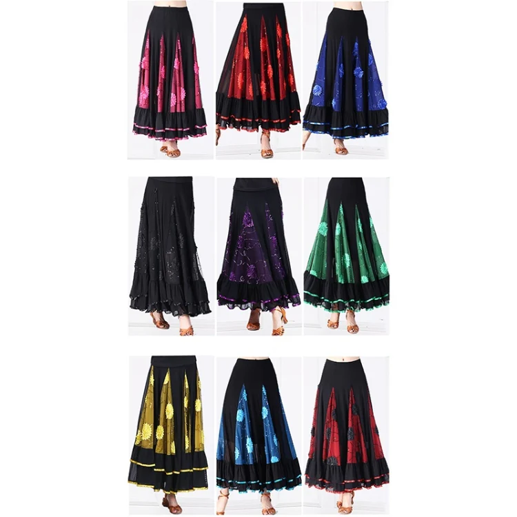 Sequin Flower Swing Modern Dance Skirt (Color:Rose Red Size:Free Size) - Image 4