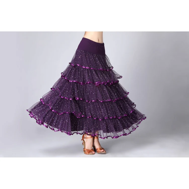 Sequin Swing Modern Dance Long Skirt Competition Costume (Color:Purple Size:Free Size)