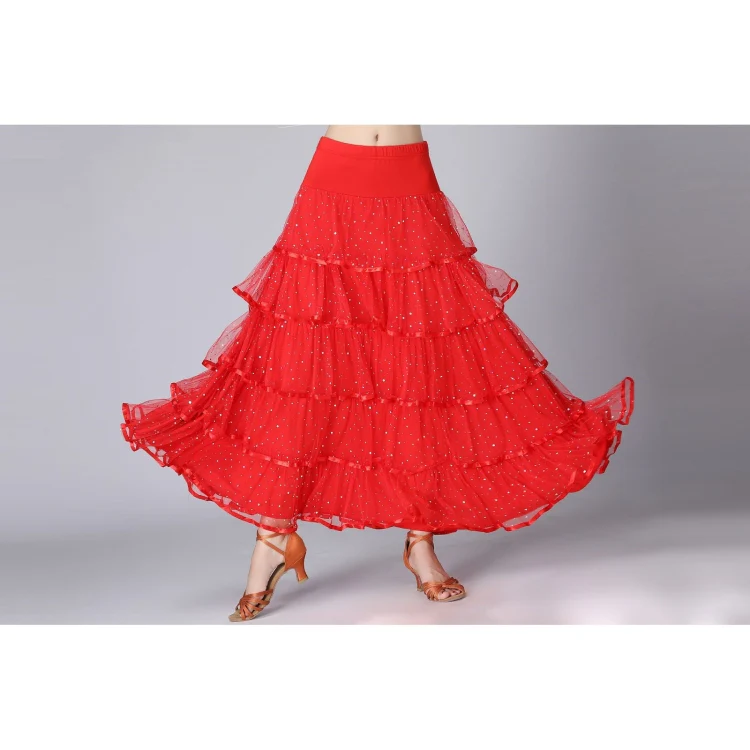 Sequin Swing Modern Dance Long Skirt Competition Costume (Color:Red Size:Free Size) - Image 3