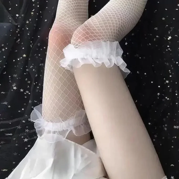 Sexy Lace Mesh Stockings Women Lolita Over Knee High Long Sock Hollow Fishnet Pantyhose, Size: Average(White) - Image 6