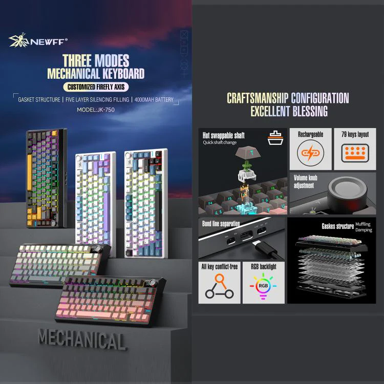SHIPADOO JK750 Blue Switch RGB 79 Keys Three Modes Mechanical Keyboard(Black Pink) - Image 3