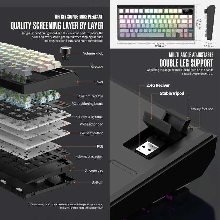 SHIPADOO JK750 Blue Switch RGB 79 Keys Three Modes Mechanical Keyboard(Midnight Sun) - Image 8