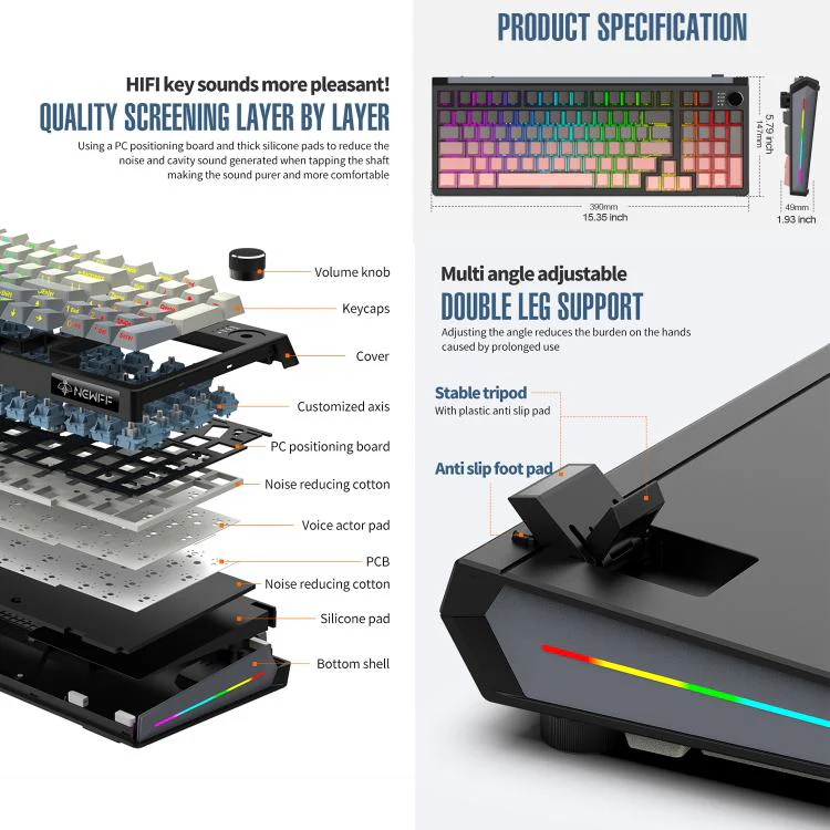 SHIPADOO JK980 Blue Switch RGB 98 Keys Three Modes Mechanical Keyboard(Black Pink) - Image 8