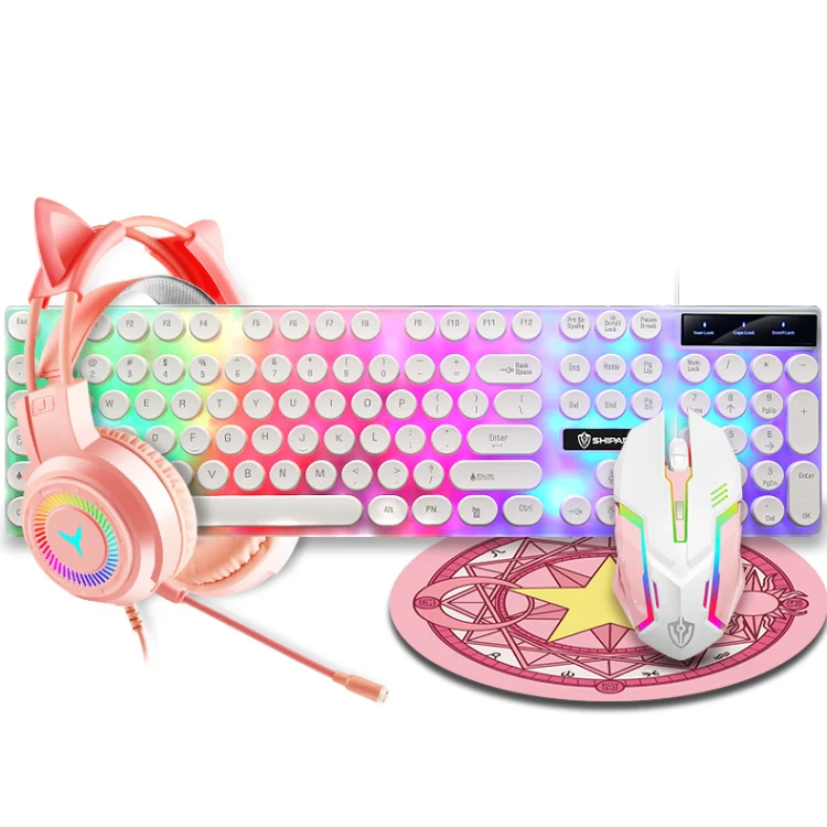 Shipadoo LD-122 4 in 1 Girly Glowing Keyboard + Mouse + Earphone + Mouse Pad Set(Pink Punk) - Image 2