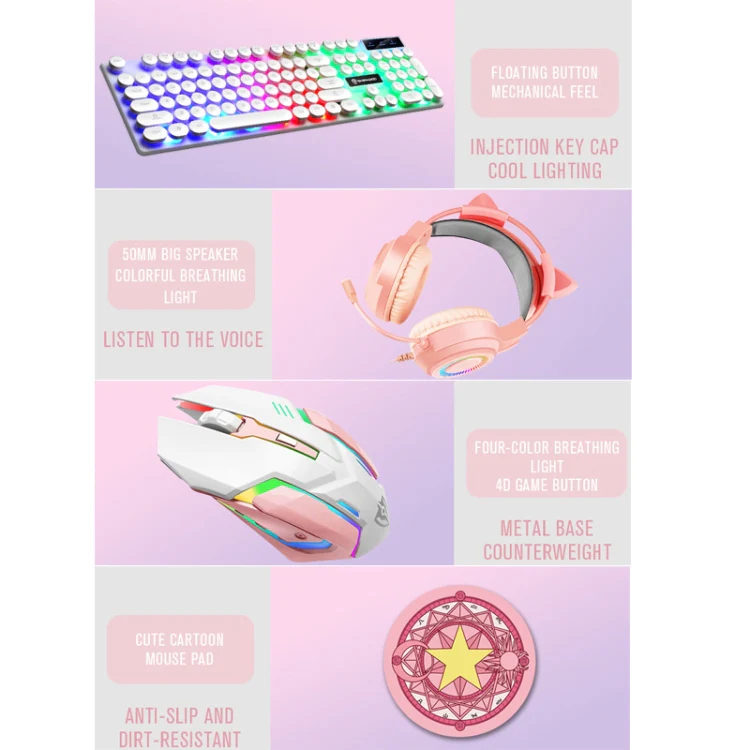 Shipadoo LD-122 4 in 1 Girly Glowing Keyboard + Mouse + Earphone + Mouse Pad Set(Pink Punk) - Image 7