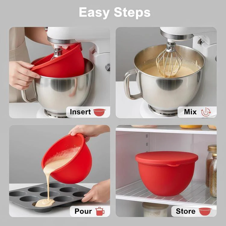 Silicone Lining With Lid For KitchenAid Tilt-Head 5-Quart Stainless Steel Mixing Bowl Replacement(Red) - Image 5