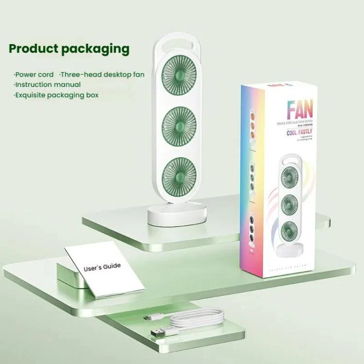 Simple Triple Turbine Design Fan Large Wind Desktop USB Charging Portable Home Outdoor Dormitory Fan(White-green) - Image 15