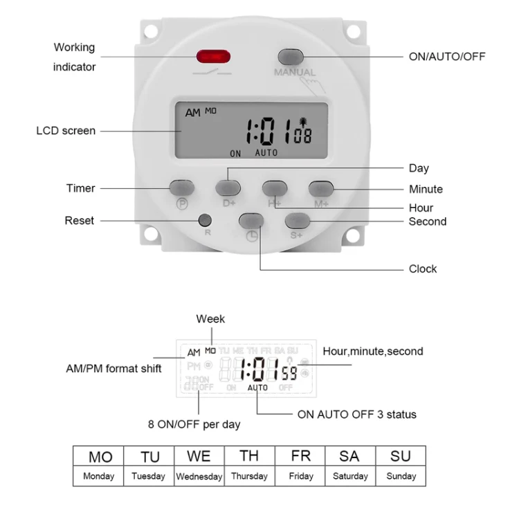 SINOTIMER CN101S-4 12V 1 Second Interval Digital LCD Timer Switch 7 Days Weekly Programmable Time Relay - Image 5