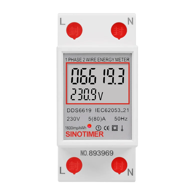 SINOTIMER DDS6619 80A 230V Din Rail Single Phase Energy Meter Voltage Current Power Meter Without Backlight