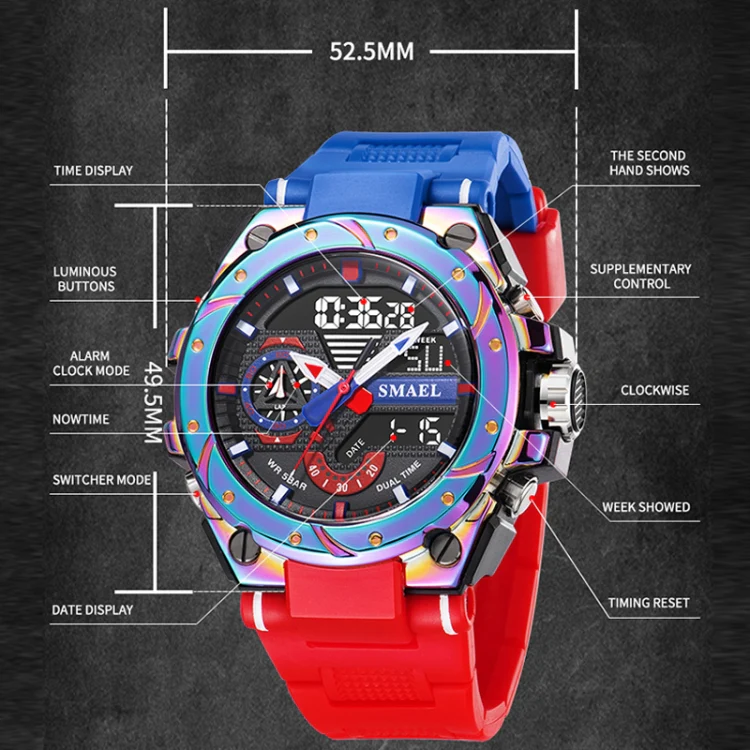 SMAEL 8060 Waterproof Sports Alloy Men Watch Luminous Display HD Mirror Watch(Red) - Image 3