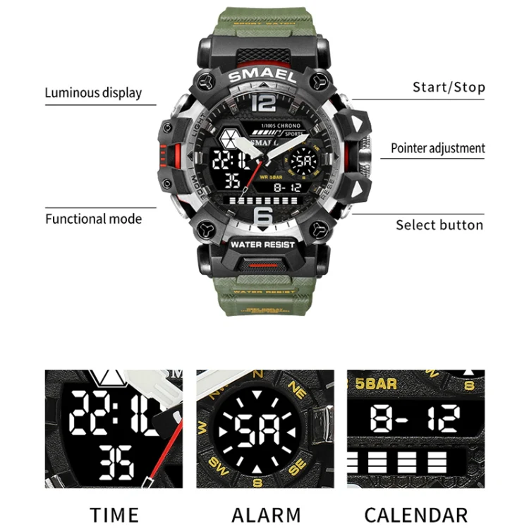 SMAEL 8072 Alloy Outdoor Multifunctional Electronic Watch Men Dual Display Waterproof Watch(Beige) - Image 3