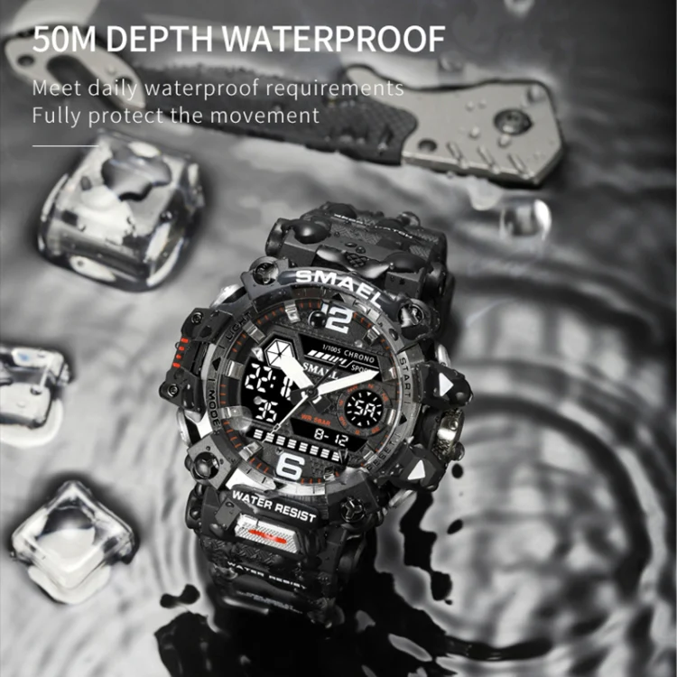 SMAEL 8072 Alloy Outdoor Multifunctional Electronic Watch Men Dual Display Waterproof Watch(Beige) - Image 6