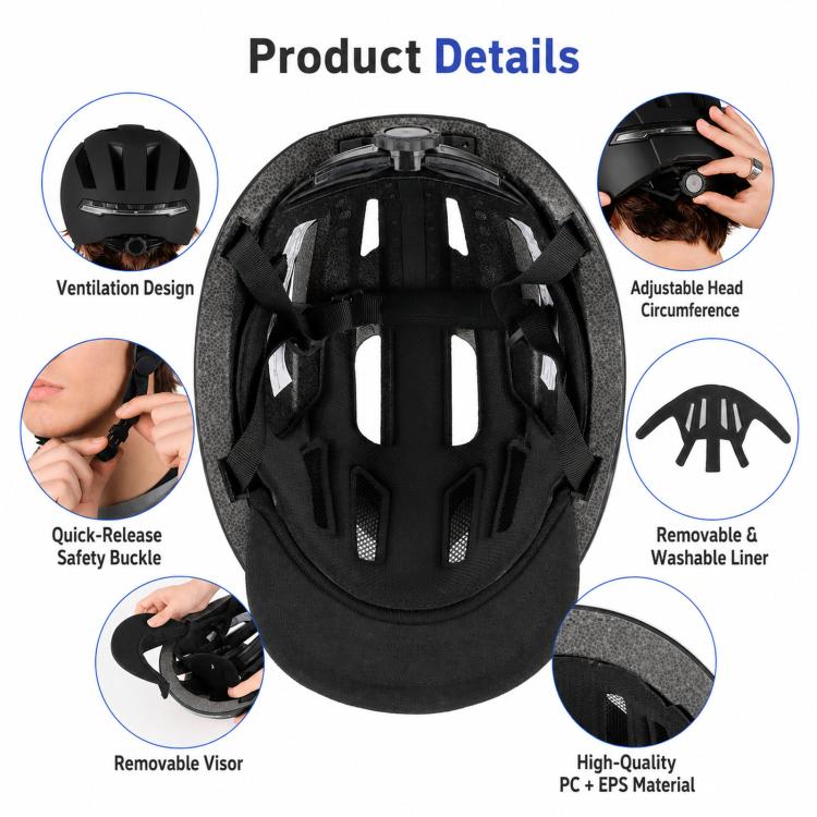 Smart Bike Helmet with Turn Signals LED Rechargeable Commuter Helmet for Electric Scooter Bicycle Skateboard(Black) - Image 5