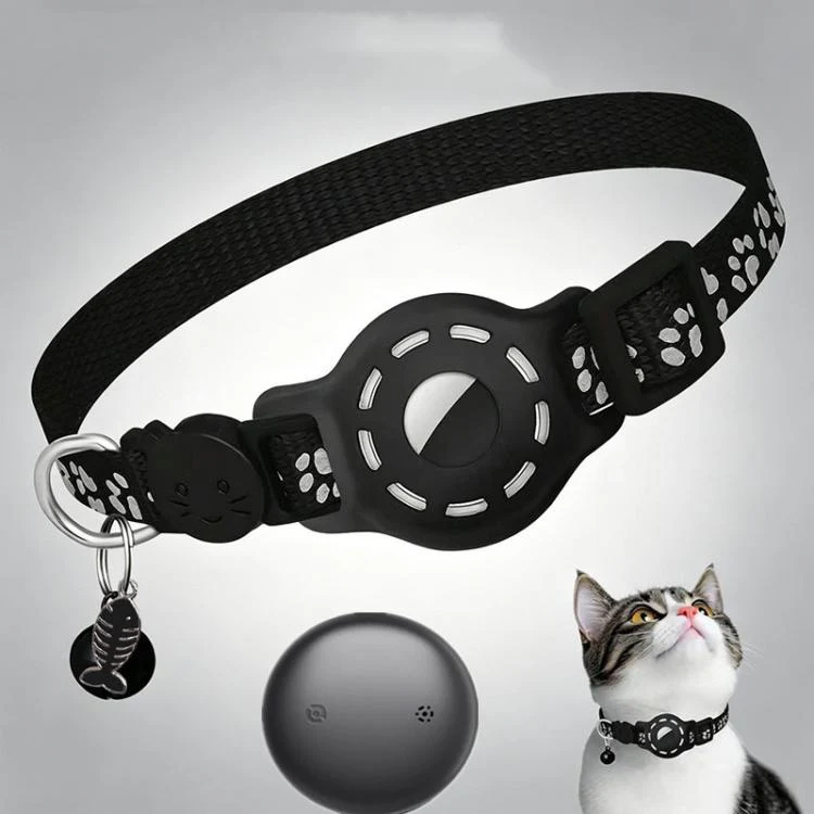 Smart Cat Collar With Built-In Tracker Reflective Paw Prints Compatible with Apple Find My(Black+Black)